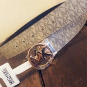 Michael Kors Belt Reversible Size L NWT Print Logo Vanilla/Cognac Brown Logo Buc